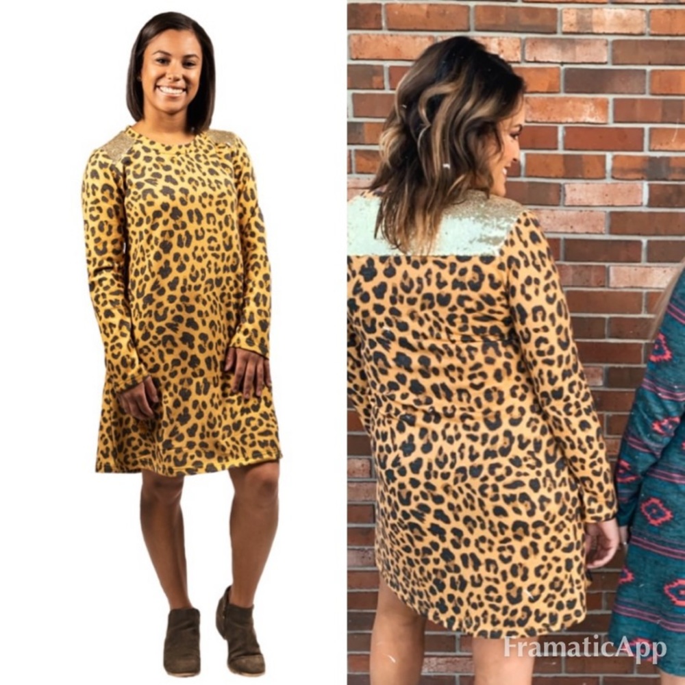 Simply Southern Sequin Shoulder Leo Print Dress - Picture 2 of 11